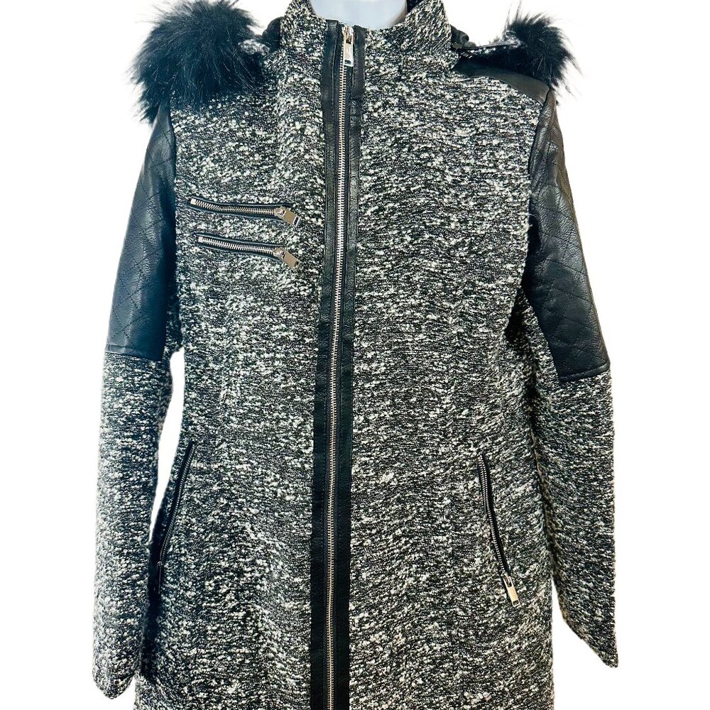 FABRIK Black Tweed Coat with Faux Fur Hood Size M